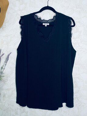White Birch Black Sleeveless Lace Trim V-Neck Tank Top 3X